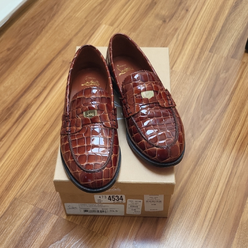 Christian Louboutin Brown Croc-Embossed Penny Loafers with Gold Bit